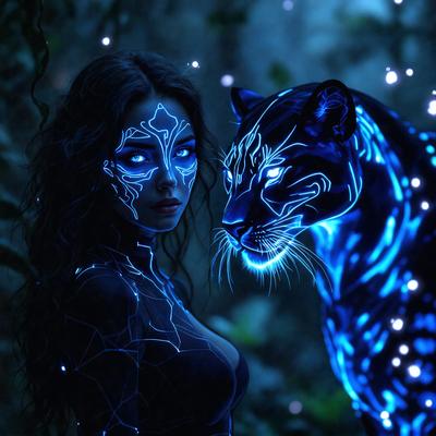 The primary subject of the image is a woman with blue and black face paint, standing next to a large black and blue tiger. The setting appears to be a forest, with the woman and the tiger being the main focus of the scene. The visual style of the image is a combination of photo and digital art, creating a unique and eye-catching representation of the woman and the tiger. The dominant colors in the image are blue and black, giving the scene a mysterious and captivating atmosphere.